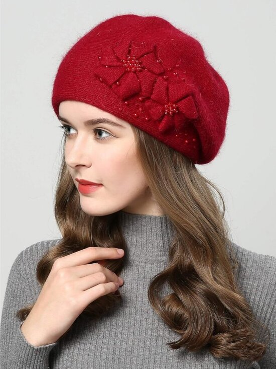 Women\'s Winter Knit Beret Hat Rabbit Hair French Warm Casual Beanie Hat Red main image 4